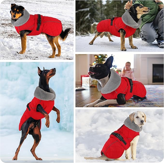 Dog Coat, Waterproof Dog Winter Jacket with Adjustable Buckle, Reflective Turtleneck Pet Snow Vest Warm Fleece Sweater for Small Medium Large Dogs - Red, XL