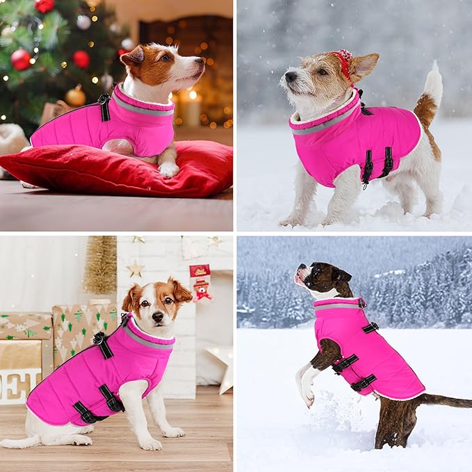 Dogcheer Dog Coat, Waterproof Dog Jacket with Harness, Reflective Adjustable Puppy Winter Coat with Zipper, Christmas Pet Snow Jacket Clothes for Small Medium Large Dogs - Pink XL