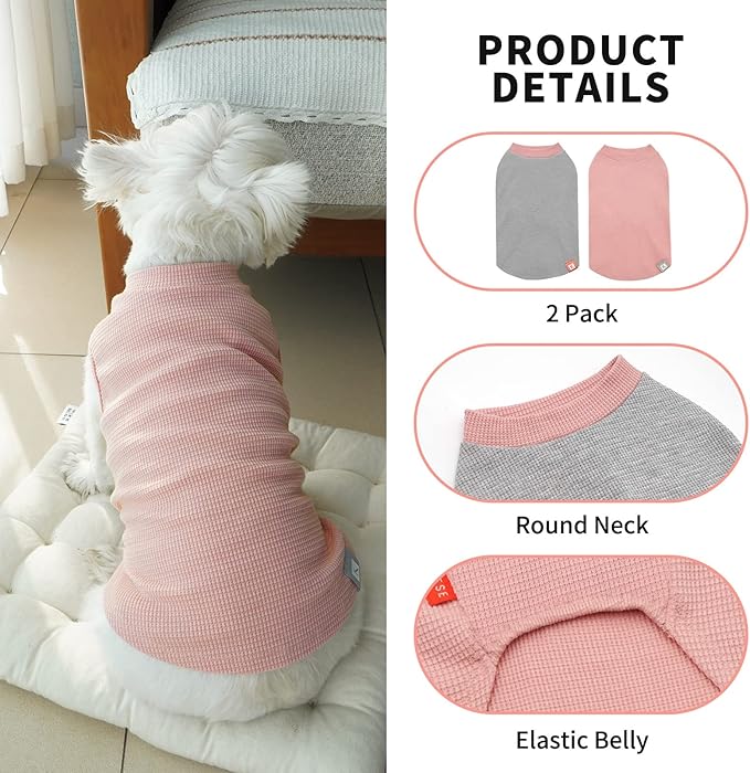 KYEESE 2Pack Dog Shirts Waffle for Small Dogs Stretchy T-Shirts Lightweight Tank Top Sleeveless Dog Vest Breathable Cat Shirt, Medium, Pink+Grey