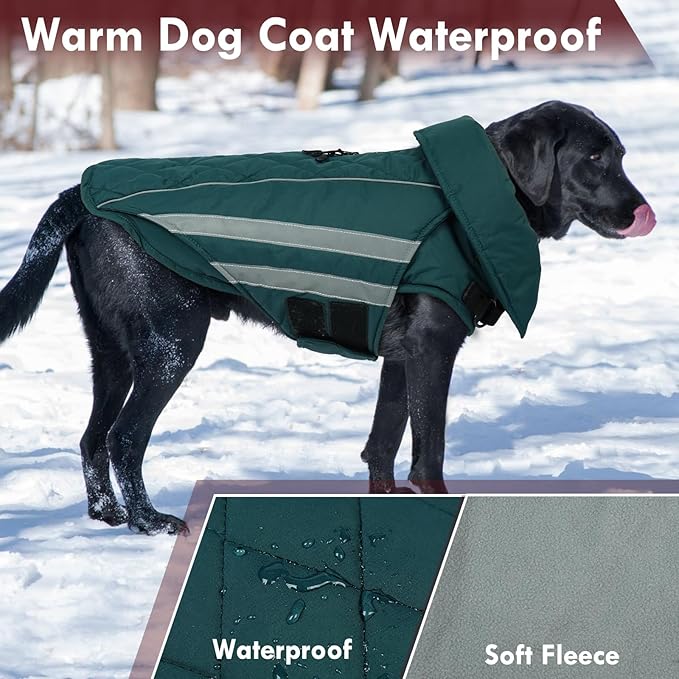 Dog Coats for Medium Dogs Waterproof Warm Winter Jacket with Leash Hole Reflective Turtleneck Fleece Snowsuit Hook & Loop Snow Jackets for Dogs, Green M