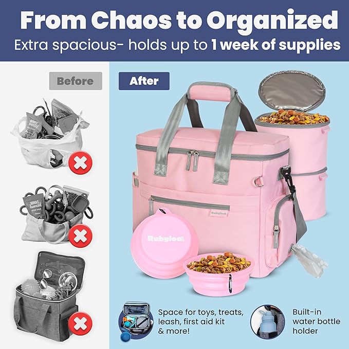The Original Doggy Bag™ - Complete Dog Travel Bag for Supplies with 2 BPA-Free Travel Bowls & 2 Pet Food Containers - A Dog Mom Gift for Day Trips, Camping, Road Trips & Weekends Away - Lt. Pink