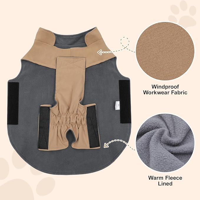 Workwear Style Dog Coats with Harness Built in for Small Dogs Windproof Warm Puppy Jacket with Storage Pockets for Cold Winter,LightBeige M