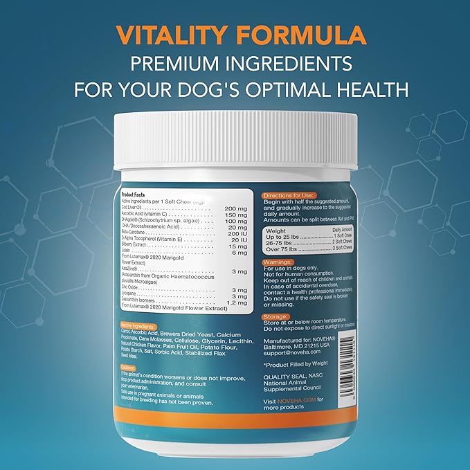 NOVEHA Eye Supplement for Dogs - Vision Support with Lutein + Vitamin C & Astaxanthin Antioxidants - Dog Vitamins for Eyes + Fish Oil for Omega 3 EPA - Made in USA - 90 Soft Chews (3 Pack)