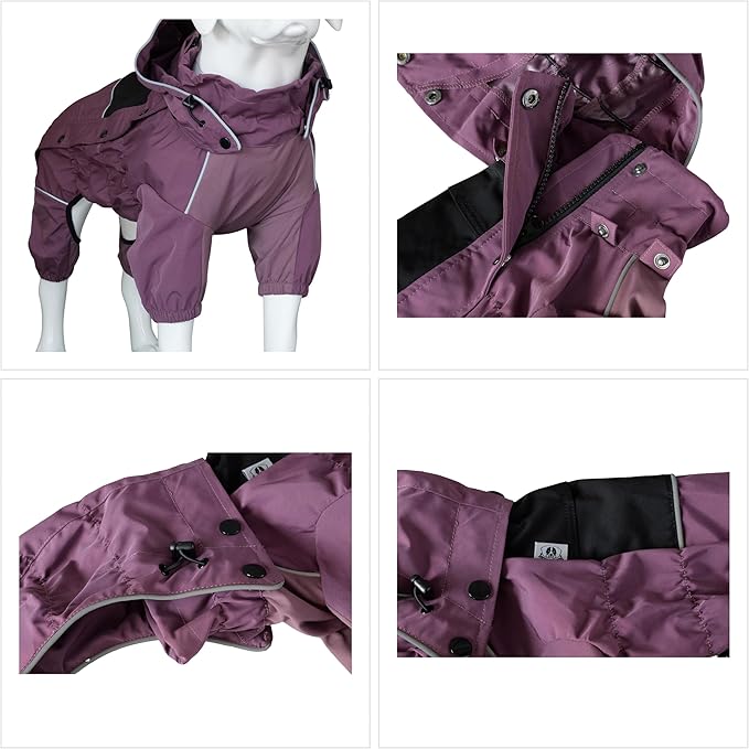 LOVELONGLONG Waterproof Dog Raincoat with Removable Hood – Outdoor Full Body Dog Jacket, Windproof Snowproof Shell Suit – All Season Pet Rain Gear Plum Purple S