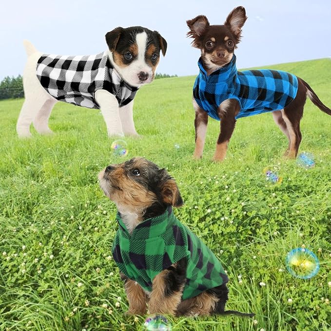 KAMA BRIDAL 3 Pack Spring Autumn Winter Coat Pullover Fleece Vest for Cats Small and Medium Dogs - Thin Sweater Blue Green Black Plaid (XXXS)