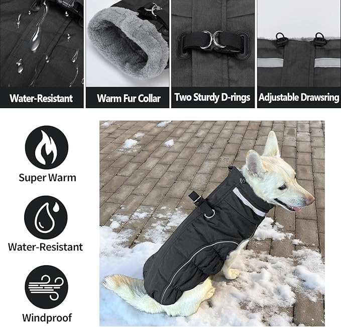Malier Dog Coat, Reflective Dog Jacket Waterproof Windproof Puppy Cold Weather Coats with Harness Built in, Winter Extra Warm Pet Coat Fleece Vest for Small Large Pets and Puppy (Black, X-Large)