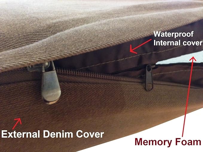 Dogbed4less Premium HeadRest Pillow Orthopedic Cool Memory Foam Dog Bed for Large Dogs, Waterproof Lining with Washable Denim Brown Cover, XXL 55X37X4