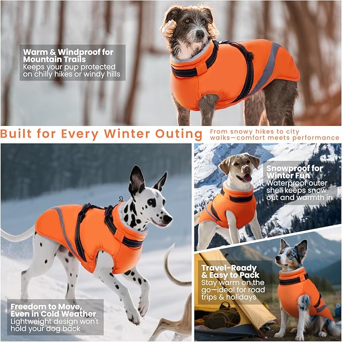 QBLEEV Large Dog Coat, Big Dog Winter Jacket for Large Dogs, XXX-Large Waterproof Cold Weather Snow Vest with Zip & Reflective, Windproof Built-in Harness Warm Fleece Snowsuit Clothes, Orange, XXXL