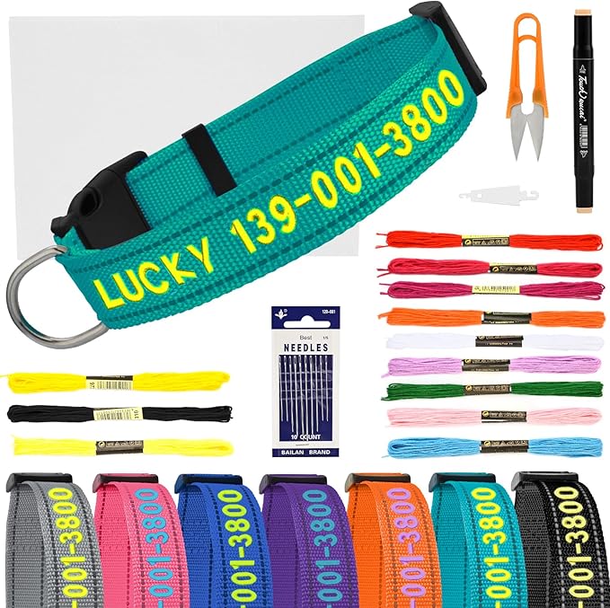 Personalized Embroidered Dog Collar - Custom Hand-Stitched Name & Number, Reflective Adjustable Pet Collar for Small/Medium/Large Dogs & Cats, Durable Nylon with Steel D-Ring (Sky Blue, Large)