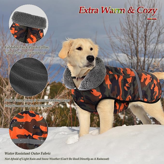 Dogcheer Warm Dog Coat, Waterproof Dog Jacket Christmas Puppy Winter Coat with Buckle, Reflective Adjustable Pet Snow Jacket Turtleneck Fleece Sweater for Small Medium Large Dogs - Orange Camo, XL
