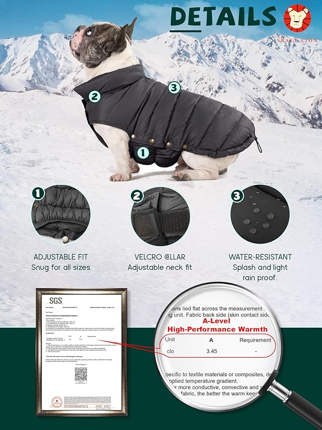 SPACE LION Dog Puffer Jacket, Down Winter Coat, Durable Outdoor Coat for Cold and Windy Conditions, Waterproof, Lightweight Jacket, Adjustable Fit for Small, Medium, Large Dogs(Black,12/M)