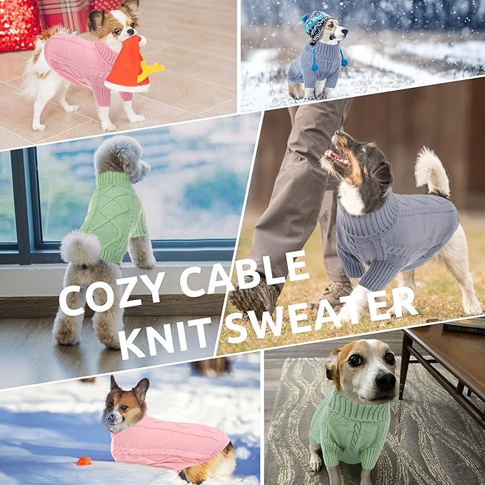 Queenmore Small Dog Pullover Sweater, Cold Weather Cable Knitwear, Classic Turtleneck Thick Warm Clothes for Chihuahua, Bulldog, Dachshund, Pug, Yorkie (Pink, X-Large)
