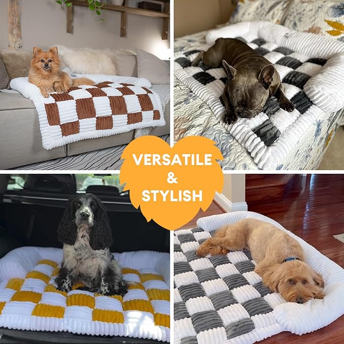 FUNNY FUZZY Pet Couch Covers for Sofa, Large Dog Couch Bed Cover Cream Square Plaid Washable Pet Mat for Furniture Protector Sofa Cover for Dogs, Large, Muted Grey