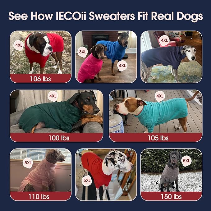 IECOii Extra Large Dog Sweater 4XL,Thermal Warm Dog Sweaters for Giant Breed Dogs,Turtleneck Knitted Knitwear for Pet Winter,Stretchy&Easy On Doggy Sweatshirt for Doberman,Great Dane(Blue,XXXXL)