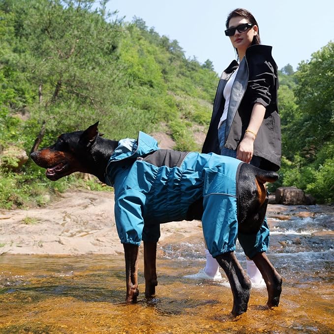 LOVELONGLONG Waterproof Dog Raincoat with Removable Hood – Outdoor Full Body Dog Jacket, Windproof Snowproof Shell Suit – All Season Pet Rain Gear Ocean Teal 4XL