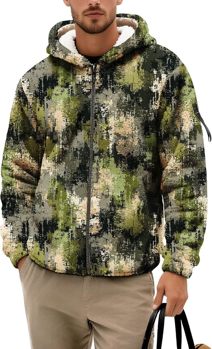 Men's Camouflage Hunting Fleece Lined Hoodie Camo Jackets Zip Up Long Sleeve Casual Winter Coats Hood Outerwear