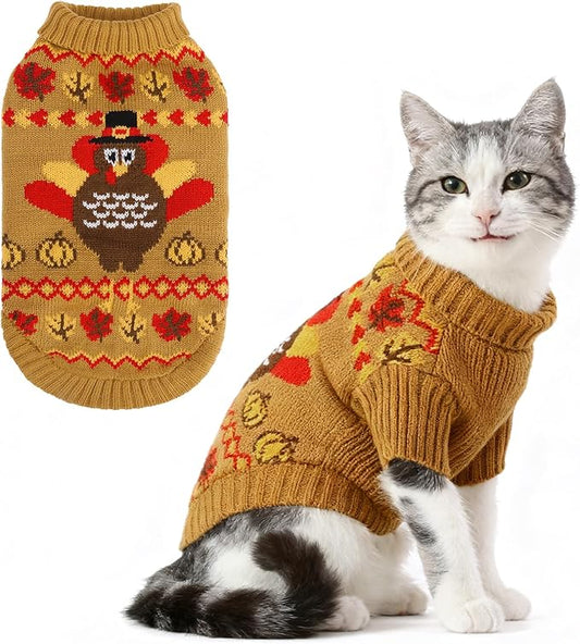 KOOLTAIL Thanksgiving Cat Sweater Turtleneck - Soft Knit Cat Sweaters for Cats Only, Turkey Pattern Thick Warm Winter Cold Weather Pet Clothes for Small Medium Large Kitten Puppy Boys Girls, Brown S
