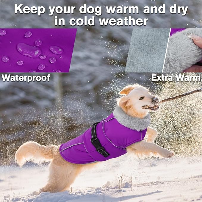 Lelepet Warm Dog Winter Coats for Large Dogs Waterproof Dog Jacket Reflective Pet Fleece Vest Windproof Cold Weather Coats with Adjustable Buckle & Leash Hole, Purple, XXL