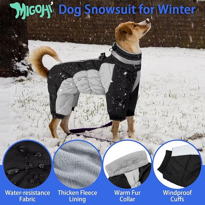 MIGOHI Full Body Dog Coat - Warm Reflective Winter Coat for Medium Dogs with Harness,Turtleneck Dog Fleece Jacket,Four-Leg Windproof Puffer Jackets Snowsuit with Zipper for Small Medium Large Dogs,M