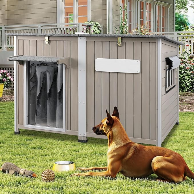 Outdoor Dog House Weatherproof, Wooden Puppy Shelter with Anti-Chewing Iron Frame and Elevated Floor, Sturdy Dog Kennel for Small, Medium & Large Dogs (Gray, 51" L x 29" W x 32" H)