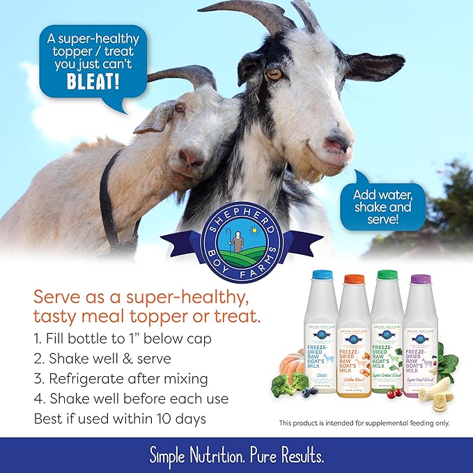 Shepherd Boy Farms Freeze Dried Raw Goats Milk with Probiotics for Dogs & Cats (Golden Blend), Organic USA Veggies & Fruits, High Protein, Digestible Goat Milk Powder, Food Toppers - Makes 16 FL OZ