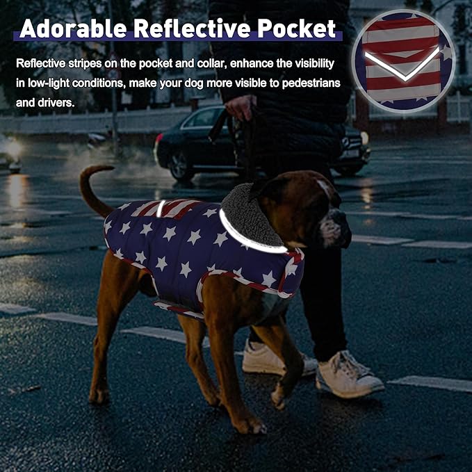 Dog Coat, Waterproof Dog Winter Jacket with Pocket, Reflective Adjustable Pet Snow Vest, Warm Cozy Fleece Sweater for Small Medium Extra Large Dogs - American Flag, 2XL