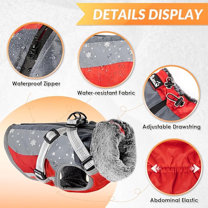 SlowTon Dog Jacket with Harness Built in - Waterproof Fleece Winter Warm Dog Coats for Small Medium Dogs, Reflective Adjustable Furry Puppy Vest Clothes for Outdoor Walking (Red & Black,S)