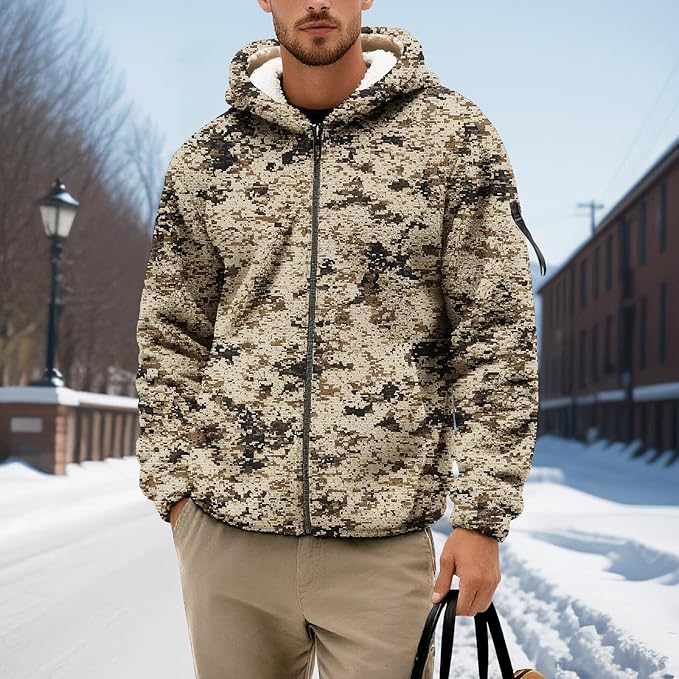 Men's Camouflage Hunting Fleece Lined Hoodie Camo Jackets Zip Up Long Sleeve Casual Winter Coats Hood Outerwear
