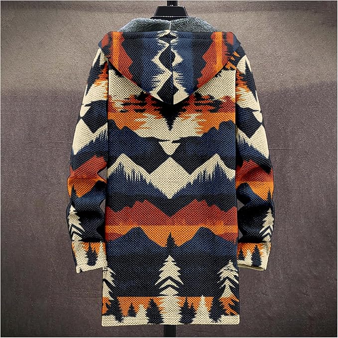Mens Aztec Print Hoodie Heavyweight Cotton Fleece Jacket Zip Up Warm Long Sleeve Hooded Winter Midi Coat