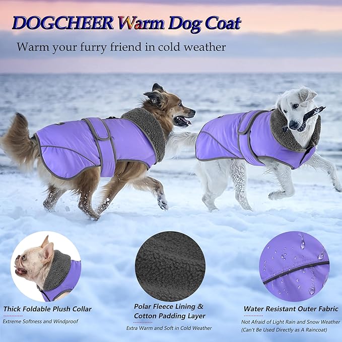 Dogcheer Dog Coat, Waterproof Dog Jacket Reflective Pet Winter Coat with Adjustable Hook & Loop, Christmas Puppy Fleece Jacket Warm Turtleneck Snowsuit for Small Medium Large Dogs - Taro Purple, L