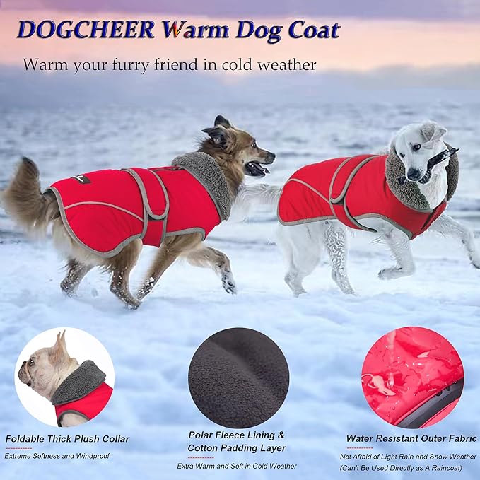 Dogcheer Dog Coat, Waterproof Dog Jacket Reflective Pet Winter Coat with Adjustable Hook & Loop, Christmas Puppy Fleece Jacket Warm Turtleneck Snowsuit for Small Medium Large Dogs - Red, 2XL