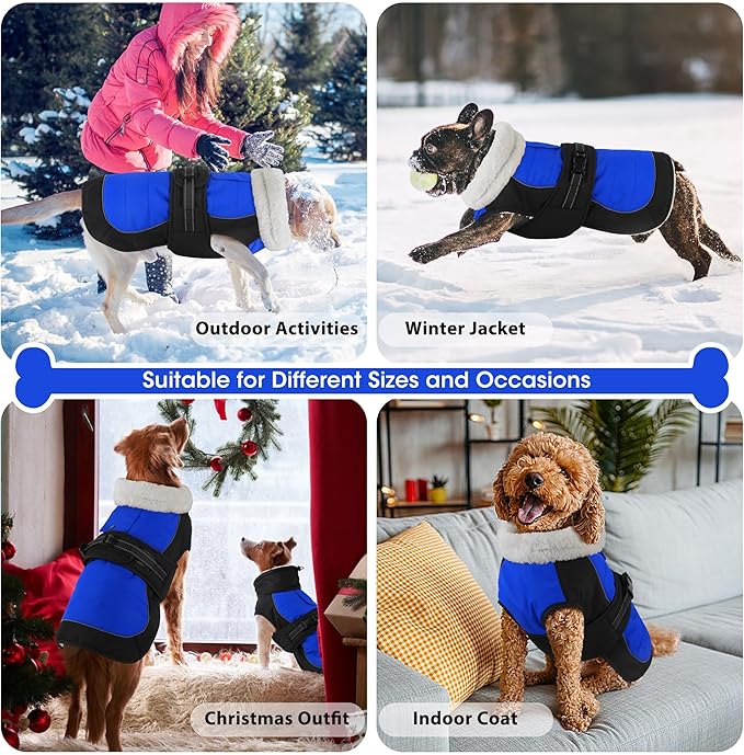Dogcheer Waterproof Dog Coat, Christmas Dog Winter Jacket, Adjustable Puppy Fleece Coat for Cold Weather, Reflective Turtleneck Snow Jacket for Small Medium Large Dogs - Blue, XL