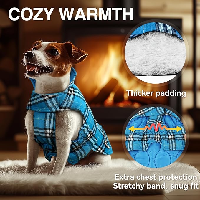 VIVAGLORY Softjoy Dog Coat, Dog Jacket for Winter & Christmas, Coat with Harness Hole & Velcro Closure, Reversible Plaid Checkered Warm Fluffy Heavy Duty for Puppy, M, Blue