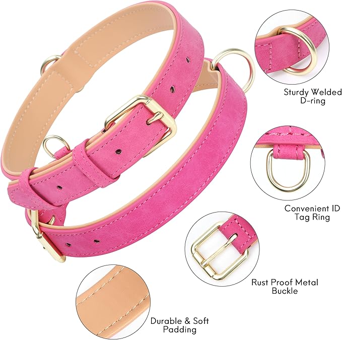 Leather Dog Collar for Small Medium Large Dogs, Soft Padded Dog Leather Collar with Heavy Duty Gold Buckle, Durable & Comfortable for Puppy Dogs Daily Walking (Hot Pink, XS)