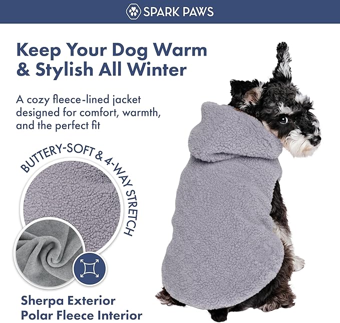Spark Paws Teddy Dog Sweater, Sherpa Vest with Warm Fleece Lining, Winter Coat Suitable for Small Medium Large XL XXL Breeds - Grey - S