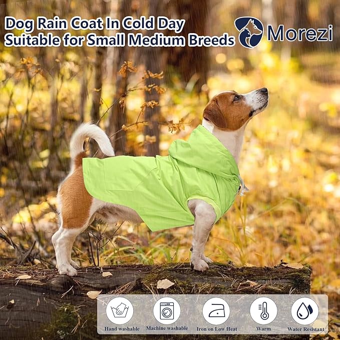Dog Raincoat rain Jacket Dogs Waterproof fit for Small Medium Breeds Zipper Closure Pocket Storage in Cold Day - Light Green - S