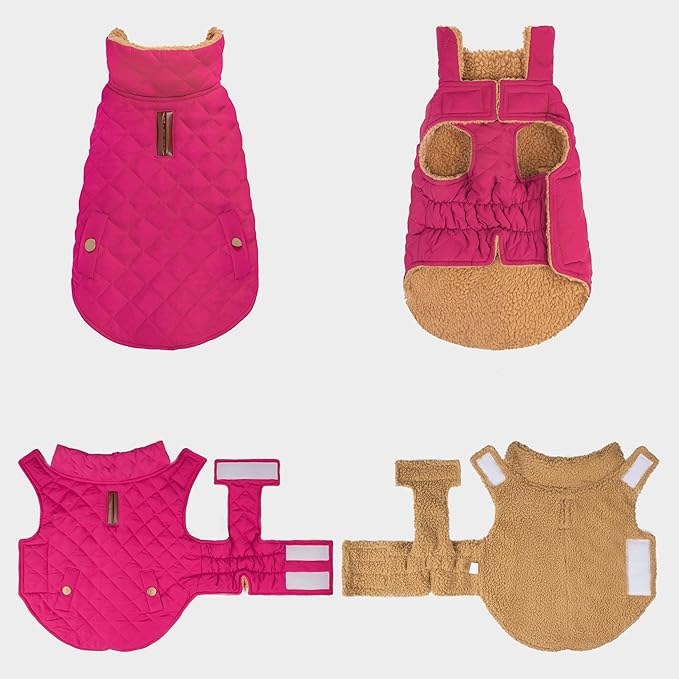 azuza Dog Jacket Waterproof & Windproof Dog Coat for Small Dogs with Thick Fleece, High Collar with Leash Hole, Adjustable Velcro & Elastic Belly, Rose Red M