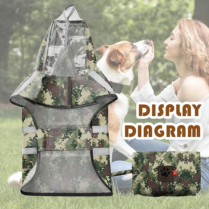 Dog Raincoat, Adjustable Rain Jacket with Hooded Double Layer for Large Medium Small Dogs Puppies, Lightweight Waterproof Rain Coat Poncho with Reflective Stripe Mosaic Camouflage Green,L