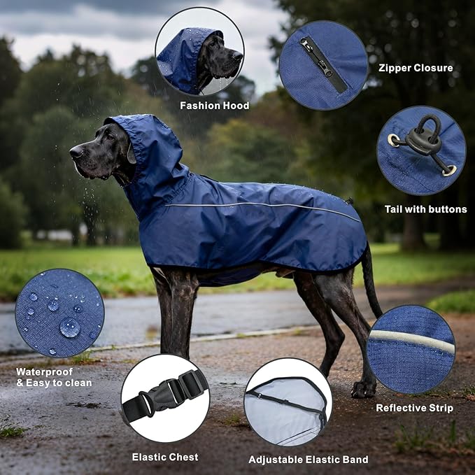 Mosucoirl Dog Raincoat Jacket Reflective Adjustable Hooded Pet Poncho Rain Coats with Leash Hole Waterproof Clothes for Small Medium Large Dogs (NavyBlue, L)