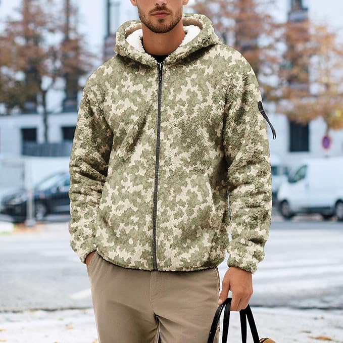 Men's Camouflage Hunting Fleece Lined Hoodie Camo Jackets Zip Up Long Sleeve Casual Winter Coats Hood Outerwear
