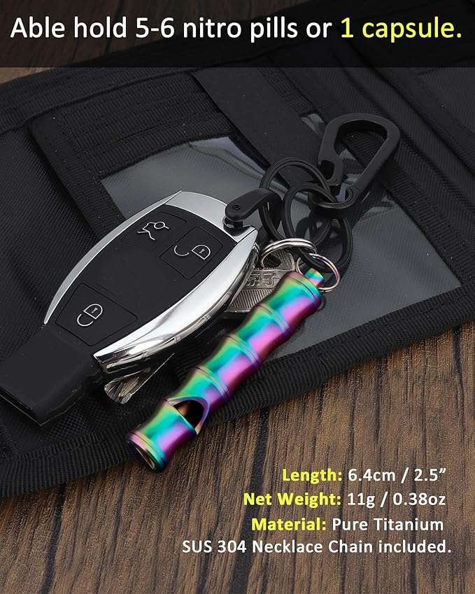 Titanium Pill Holder Necklace for Men Women Emergency Whistle Mini Keychain Nitro Pill Case with Loud Whistles EDC Safety Backpacking Survival Hiking Camping Pets Training