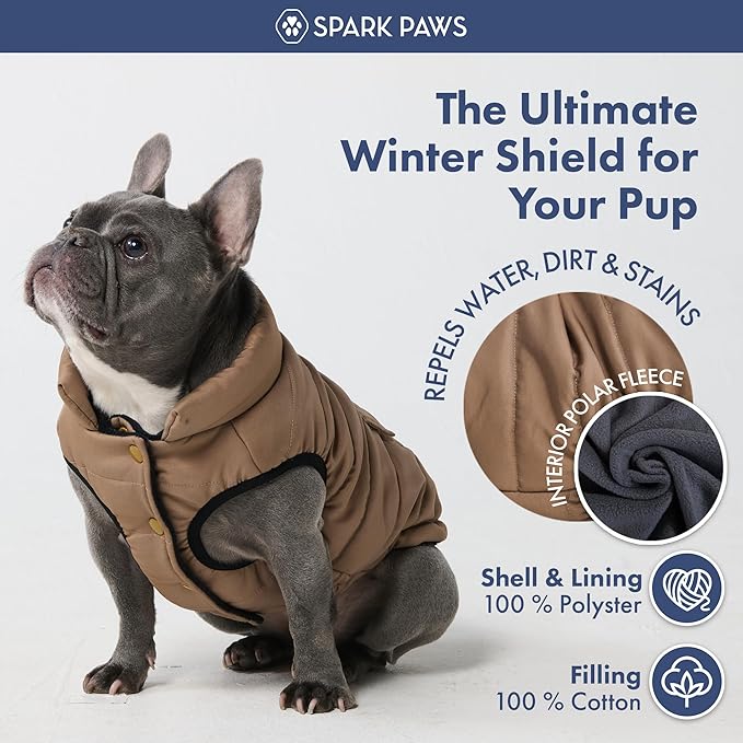 Spark Paws Dog Winter Jacket, Water-Resistant Coat, Warm Reflective Windproof Fleece-Interior, for Medium and Large Dogs - Tan - S