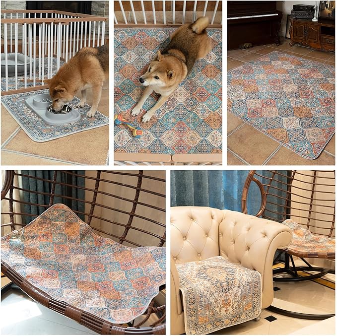 nunubaby Washable Pee Pads for Dogs, Stylish, Non-Slip and Leak-Proof Pee Pads. Reusable Potty Pads for Dogs for Crates and Floors.(Cream/Multi, 36" x72" )