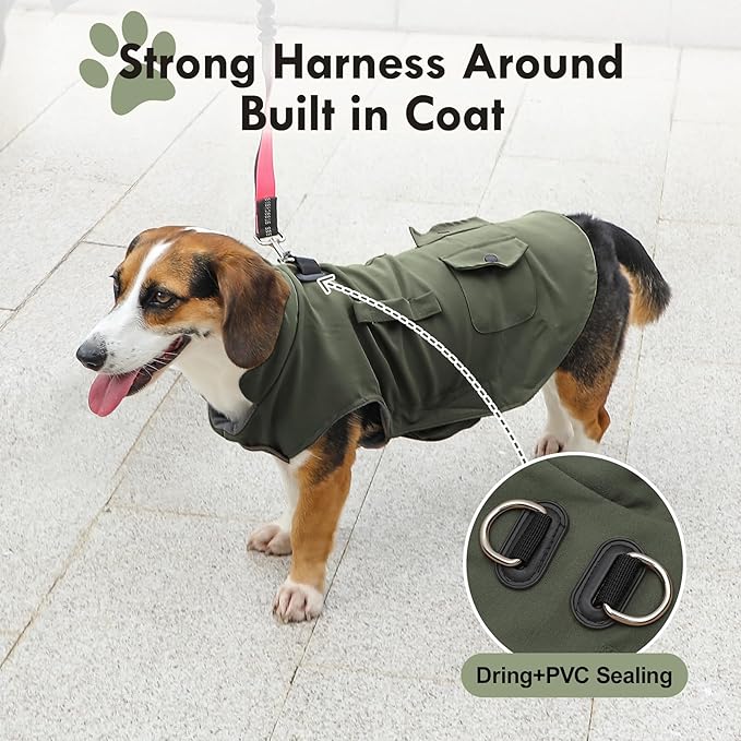 Workwear Style Dog Coats with Harness Built in for Small Dogs Windproof Warm Puppy Jacket with Storage Pockets for Cold Winter,Green XL