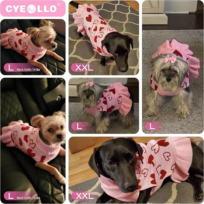 cyeollo Dog Sweaters Dress Valentines Day Dog Clothes Pullover Turtleneck with Leash Hole Heart Pattern Holiday Theme Female Pet Apparel Sweaters for Small Dogs