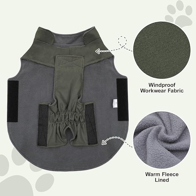 Workwear Style Dog Coats with Harness Built in for Small Dogs Windproof Warm Puppy Jacket with Storage Pockets for Cold Winter,Green L