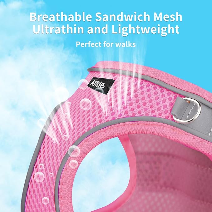 AIITLE Small Harness for Puppy with A Leash - Summer Dog Vest Harness with Super Breathable Mesh, Reflective No-Pull Pet Harness for Outdoor Walking, Camping for Small Dogs, Cats Pure Pink XXS