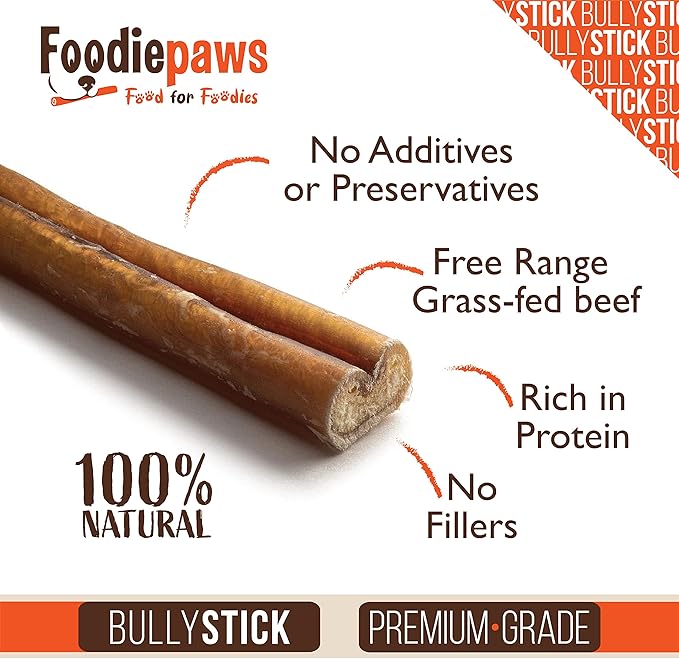 FOODIEPAWS 6 Inch Jumbo Bully Sticks for Dogs, 20 Pack | All Natural, Grass-Fed Beef Pizzle | Rawhide-Free, Odor-Free, Fully Digestible & Long Lasting Dog Chews | For Large Breeds & Aggressive Chewers