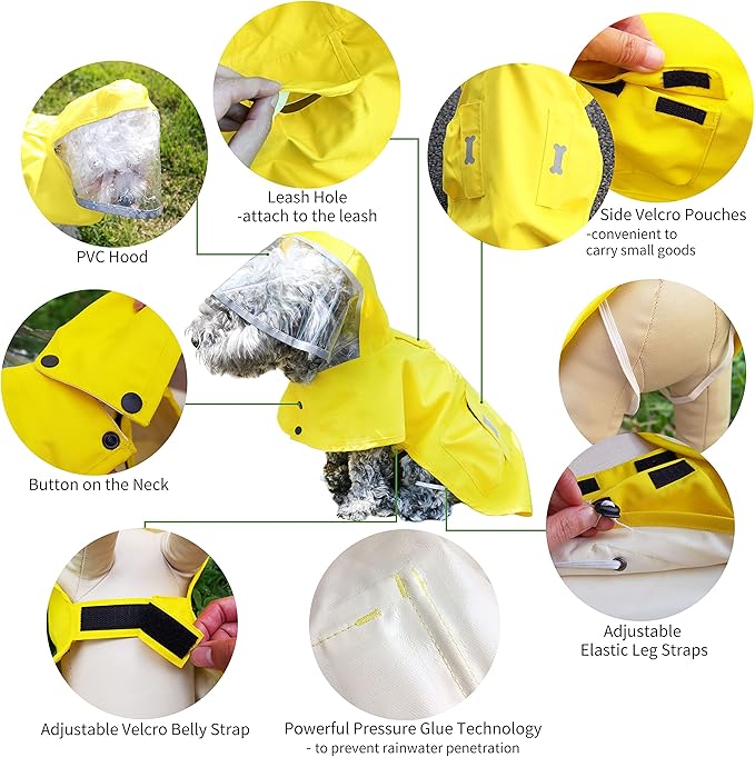 Dog Waterproof Raincoat with Poncho Hoodie, High Reflective Adjustable Yellow Pet Rain Jacket with Leash Hole for Small Medium and Large Dogs (Fluorescent Green, Large)