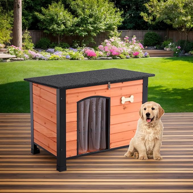 Outdoor Dog House, Small Wooden Dog House with Anti Bite Iron Frame Weatherproof Finish Outside Paw Print Dog Crate for Small and Medium Dogs,Orange